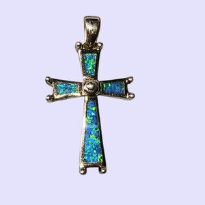Blue-Green Lab Opal And Sterling Silver Contemporary Cross Pendant